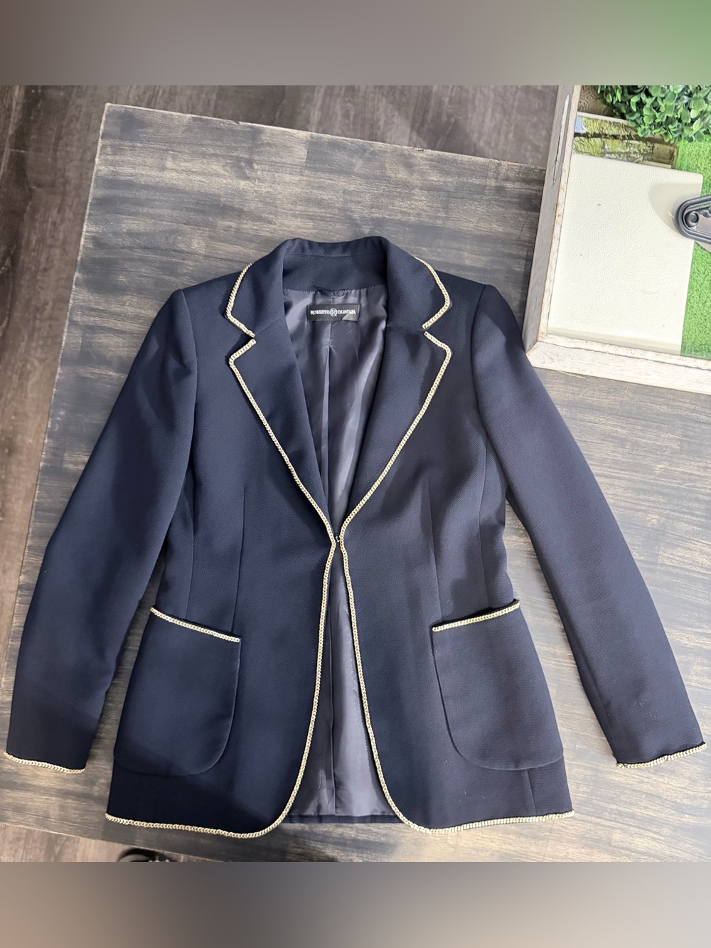 Tailored Navy Blazer with Gold-Trim Detail